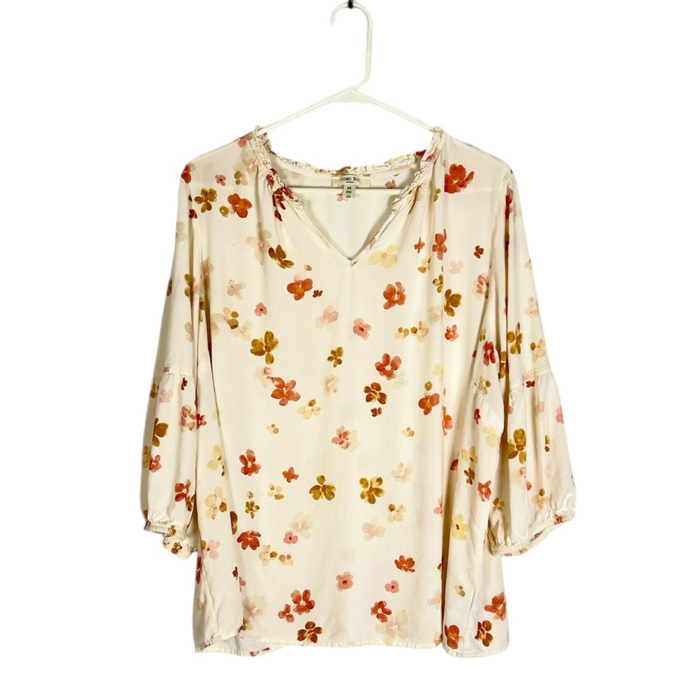 Como Blu popover top size 2X boho floral long sleeve ruffled neckline blush